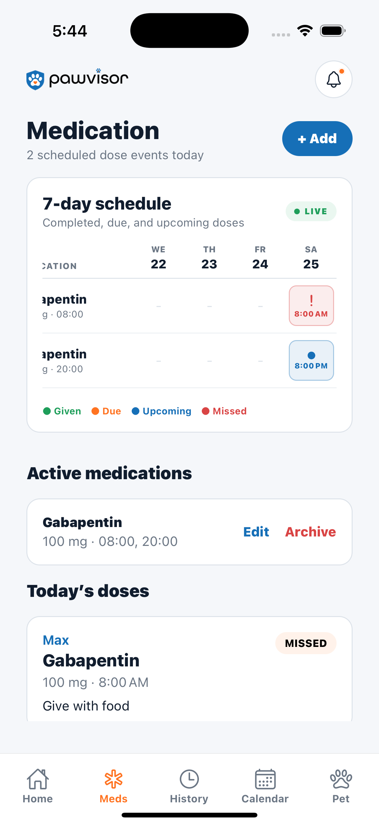 Real Pawvisor seven-day medication schedule showing given, due, upcoming and missed states